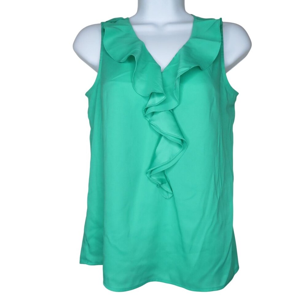 Ann Taylor Womens Petite Ruffled V-Neck Sleeveless Blouse Teal Polyester Size 0P